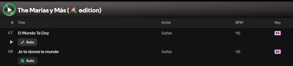 Two tracks in Spotify's Mix view, both 115 BPM and key 8A, with Auto transition buttons